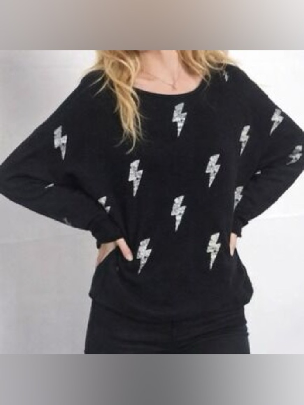 Wooden Ships Charcoal Open Knit Sweater Lightning Bolts Dropped Sleeves Size S/M